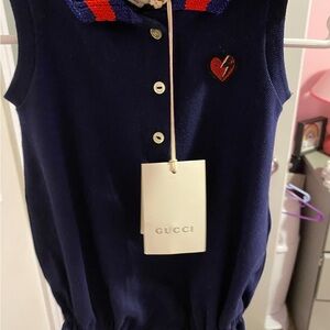 Gucci Dark Blue Sleeveless Dress with Red Collar